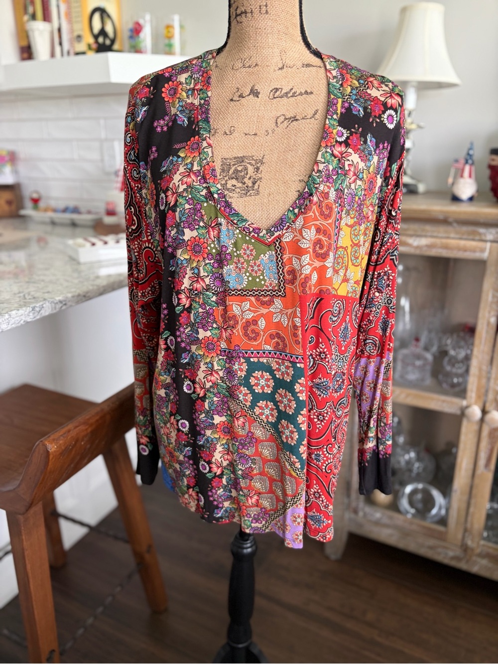 Johnny Was Favorite Tee Multicolor Floral Patchwork V-Neck Tunic